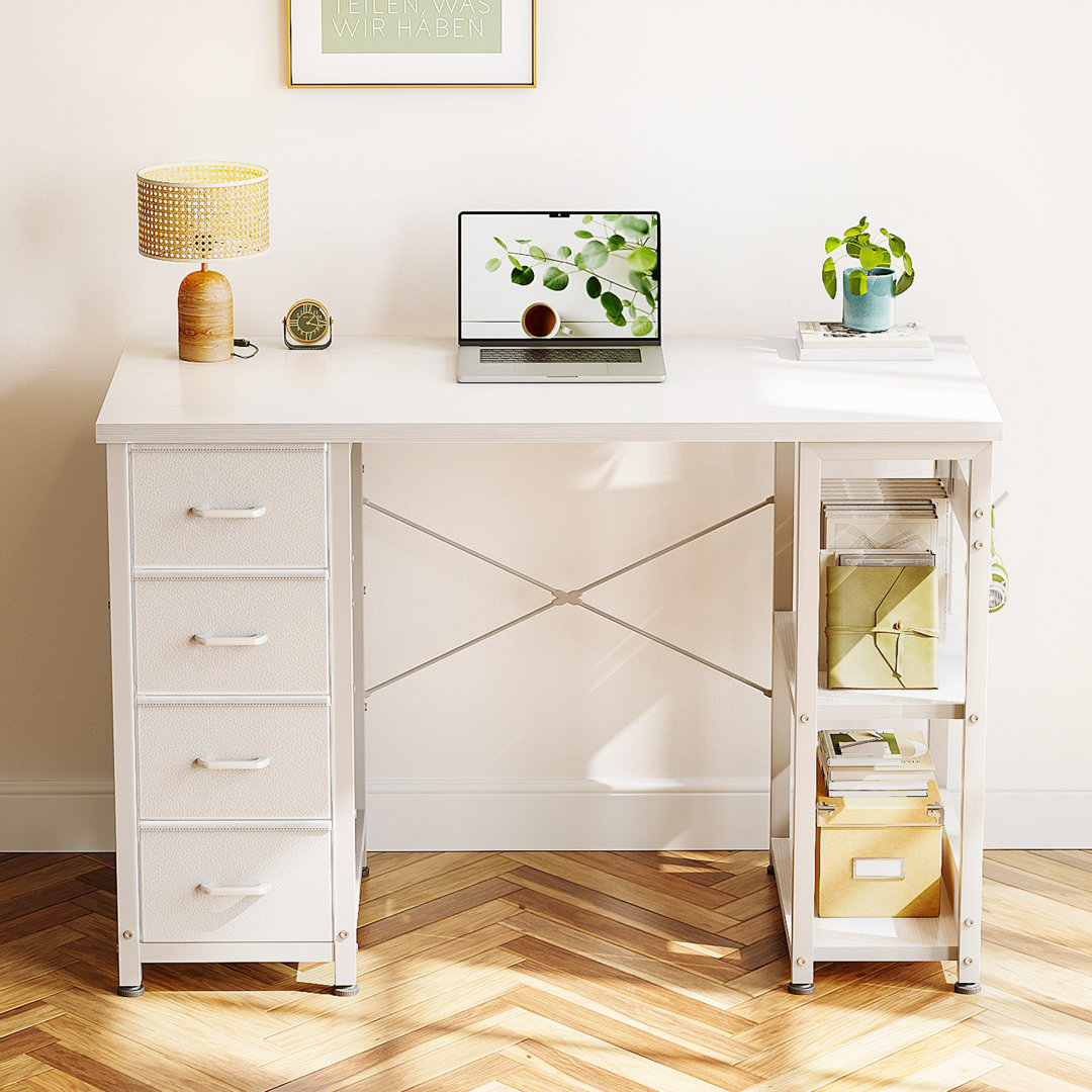 Home Office Desk With 4-tier Fabric Drawers,writing Desk With Spacious Storage Shelves,reversible Desk With Recessed Power Outlets, Corner Desk With Versatile Hook